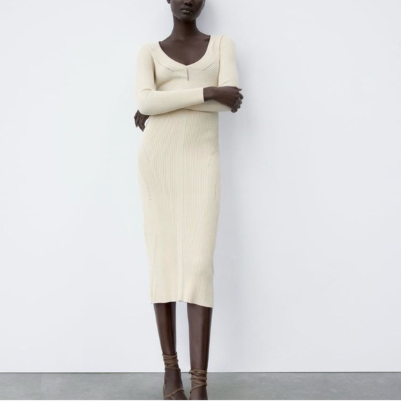 Rare Zara Ecru Ribbed Knit Midi Dress Sculpting Long Sleeve Bodycon Cream Beige - Picture 2 of 14